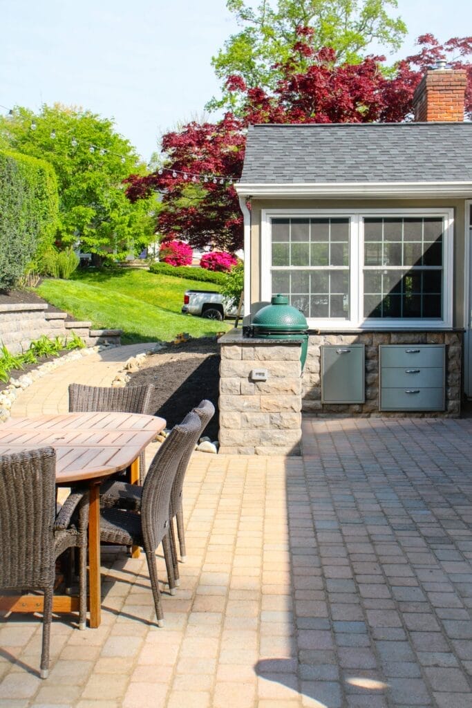 Close-up of stone hardscaping work showing texture and craftsmanship.