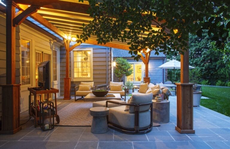 Paver patio arranged in a structured layout, part of Ridge’s hardscaping portfolio.