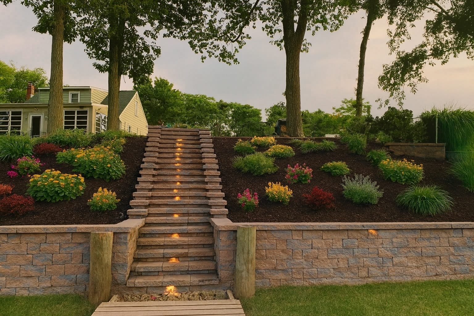 Ridge retaining wall with lit stone steps and tiered hillside planting beds.