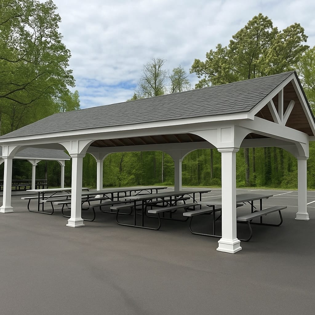 A wooden pergola covering a cozy outdoor seating area with surrounding greenery and soft natural light