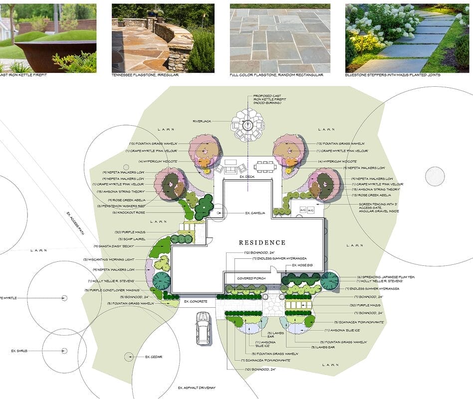 Detailed landscape plan showing plant arrangements and structural design elements.