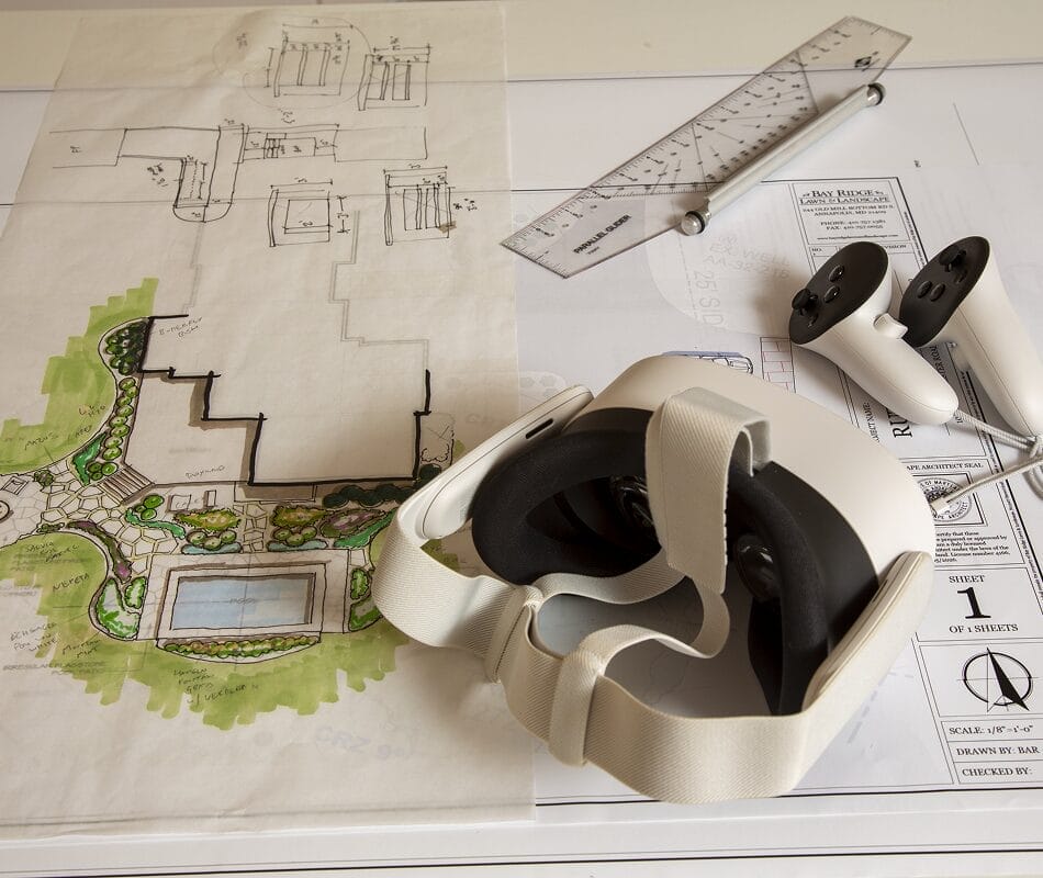 Landscape design plans with VR tools for 3D project visualization.
