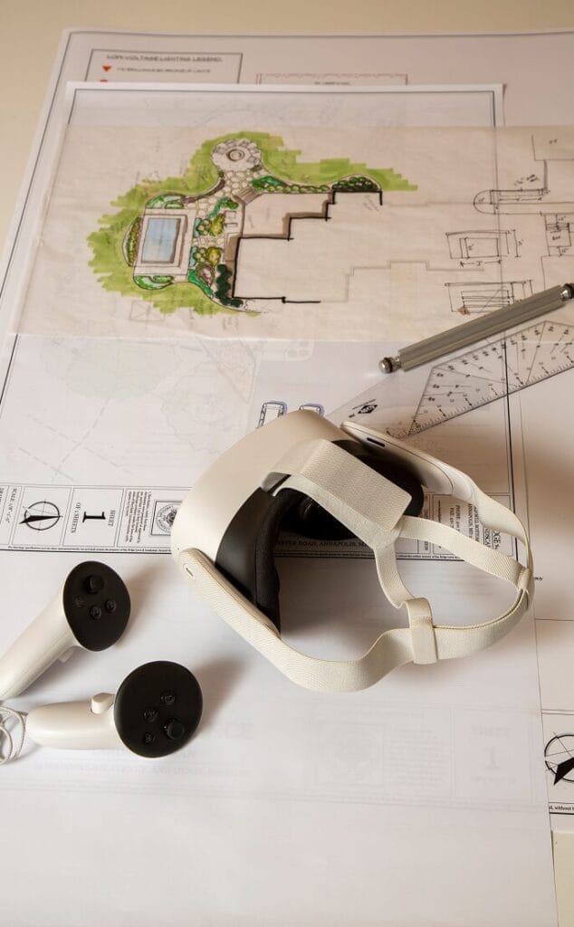 Landscape design plans with VR tools for 3D project visualization.